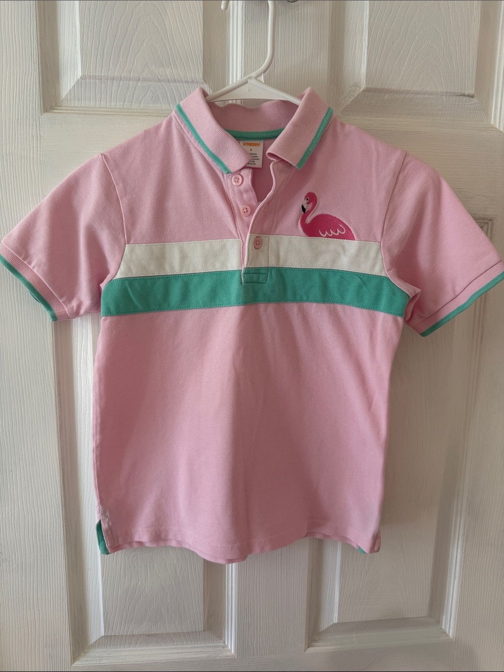 Gymboree Pink Polo with Teal and White Stripes and Flamingo Patch